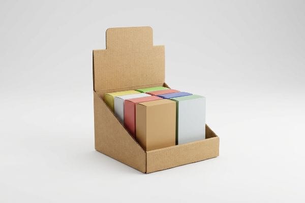 A compact corrugated cardboard PDQ display holds six colorful product boxes on a white background, ready for retail deployment.