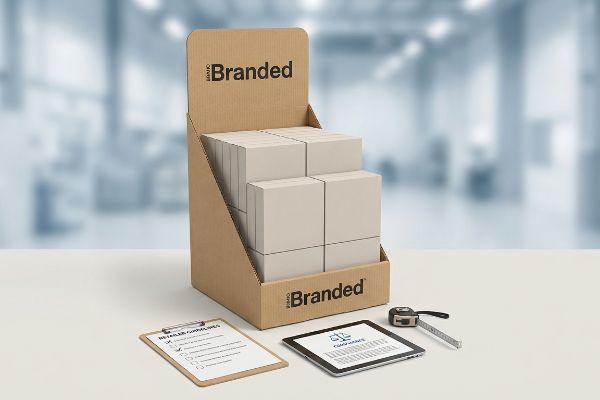 Branded corrugated PDQ display with plain boxes, Retailer Guidelines checklist, Compliance tablet, and measuring tape for retail planning.