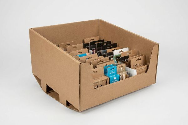 Brown corrugated cardboard PDQ display box, pre-filled with diverse impulse merchandise in hanging packages.