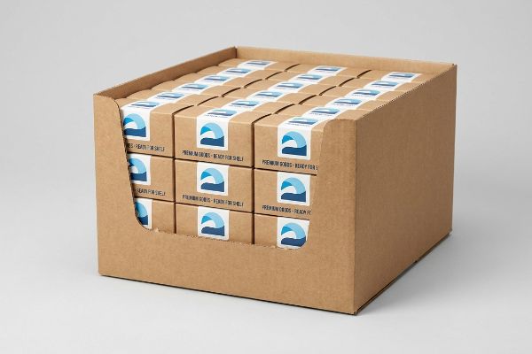 A compact corrugated PDQ display tray holds individual 