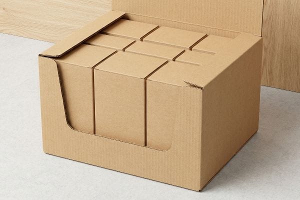 Présentoir PDQ en carton ondulé brun, prêt pour la vente au détail, pré-rempli de plusieurs petites boîtes de produits brunes, conçu pour un placement efficace en rayon.