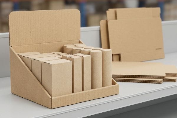 A retail-ready brown corrugated cardboard PDQ display, stocked with product boxes and tubes, sits on a shelf next to flat unassembled packaging.