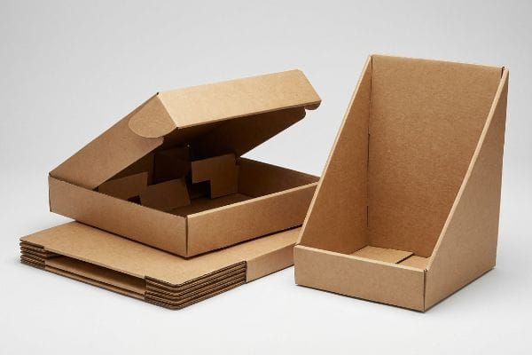 Expositor PDQ de cartón corrugado marrón, con una pila de láminas plegadas y una caja abierta con fondo reforzado y preencolado.