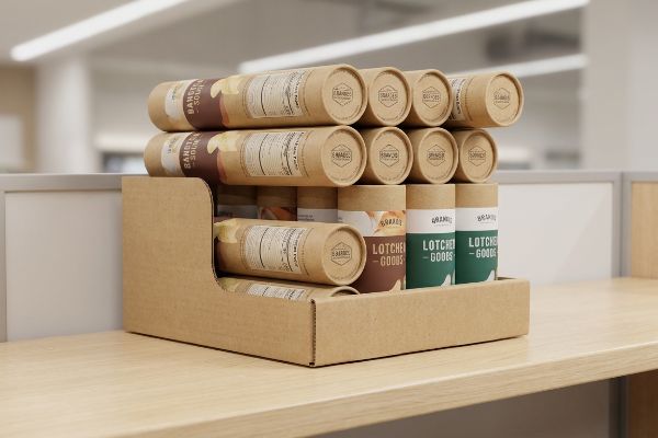Natural brown corrugated cardboard PDQ display unit holding cylindrical 'Banana Sour' and 'Lotcher - Goods' product containers.