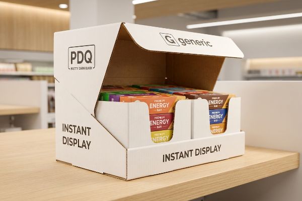 A white corrugated PDQ Instant Display by Generic, featuring 'Pretty Darn Quick' branding, holds colorful Premium Energy Bars on a retail shelf.