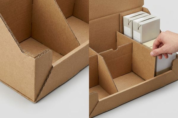A hand places small white boxes into a multi-compartment corrugated cardboard PDQ display, showcasing efficient retail packaging.