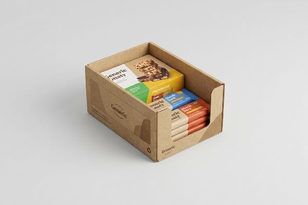 Corrugated PDQ display tray filled with 'Generic' brand snack bars, including 'Almond' and other flavors, ready for retail shelves.