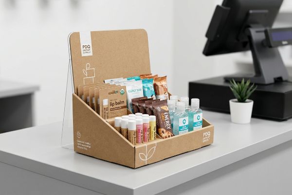 A compact corrugated PDQ tray filled with lip balm, energy bars, and hand sanitizer on a checkout counter.