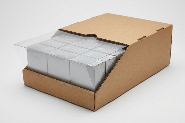 A brown corrugated PDQ tray with a clear plastic cover partially open, showcasing white product boxes for retail display.
