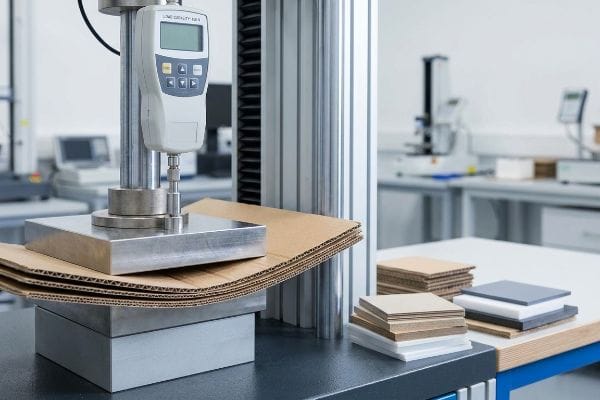 A force gauge with Line Capacity 50N measures the compression strength of corrugated paperboard and rigid plastic substrates for POP material analysis.