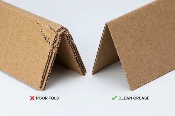 Brown corrugated cardboard comparison: a 'Poor Fold' with buckled fibers next to a 'Clean Crease' from controlled creasing matrices.