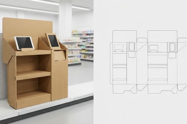 In a retail setting, a corrugated cardboard POP display with two tablets is presented alongside its flat structural blueprint.