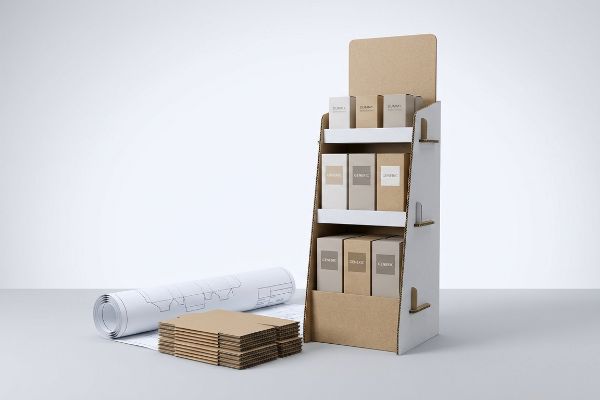 A studio shot features a corrugated cardboard retail POP display, unassembled flat-packed components, and a blueprint for custom packaging.