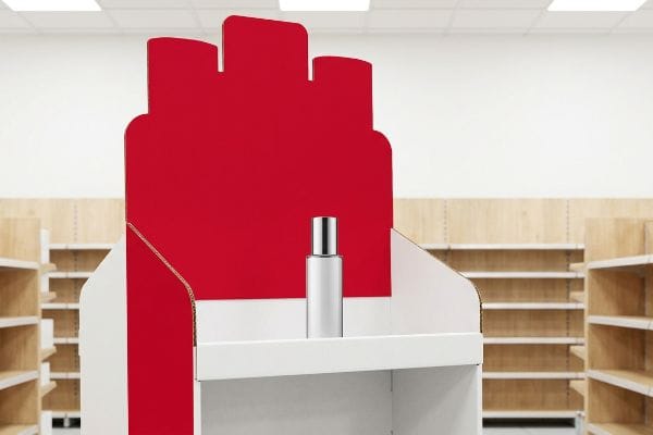 A white and red corrugated point-of-purchase display with a single silver bottle on a shelf, set against empty retail store aisles.