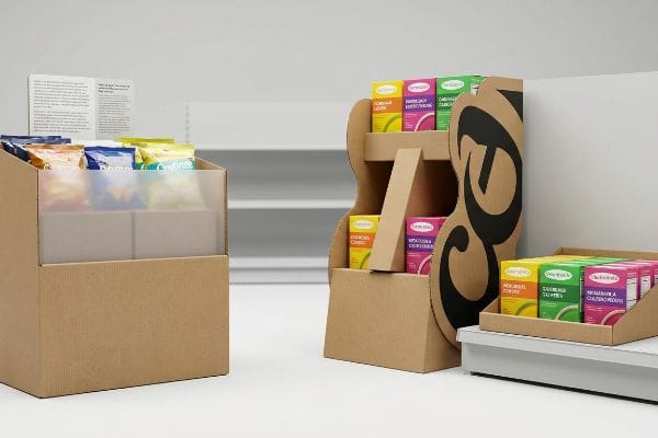 Corrugated cardboard POP displays, including a freestanding bin with snack bags and a floor merchandiser with colorful product boxes.