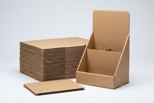 An assembled corrugated cardboard POP display stands beside a stack of flat-packed corrugated sheets, showcasing the micro-fluted material for retail.