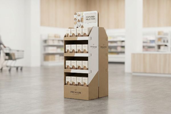 A multi-tiered corrugated cardboard POP display showcases Premium product boxes with a 'Featured Selection' header in a modern retail store.