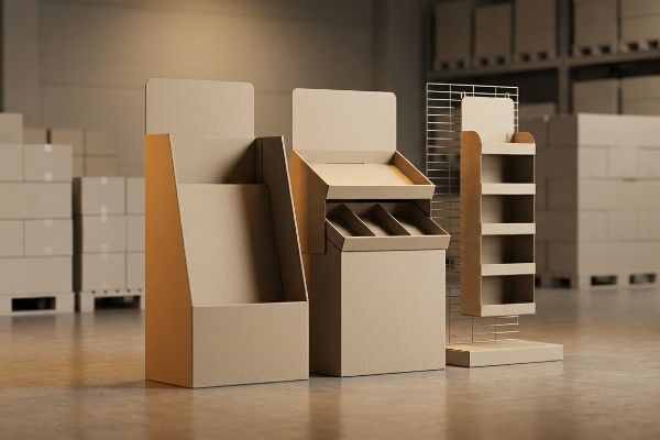 Various empty retail cardboard POP displays, including a floor stand, countertop unit, and sidekick, in a warehouse setting.