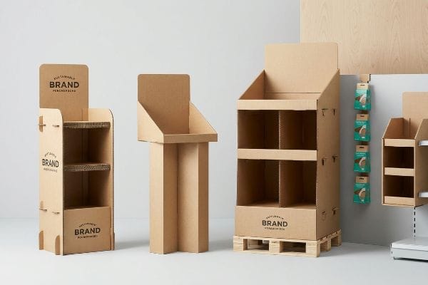 Corrugated cardboard POP displays: a floor stander, pallet merchandiser, and clip strip, branded Sustainable Merchandising.