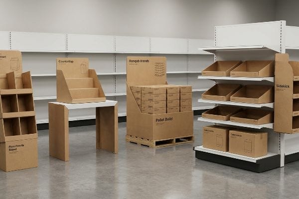 A retail environment showcasing various corrugated cardboard POP displays, including a Floorstands Stand, a Countertop unit, a Pallet Build for Rangab Brands, and a Sidekick display with Cable Storage boxes.