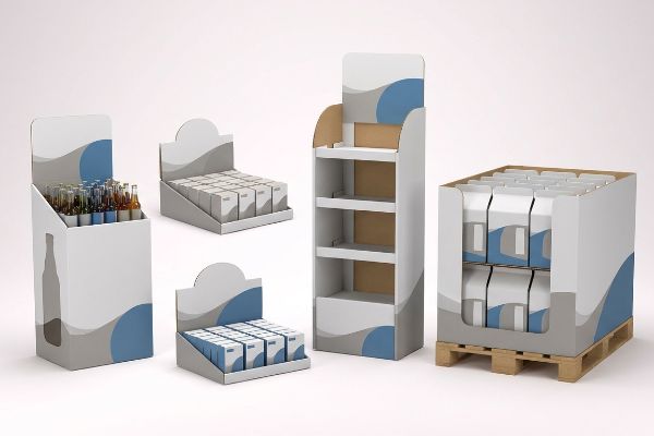 A collection of corrugated cardboard point-of-purchase displays features white, grey, and blue wave designs, showcasing various retail merchandiser types.