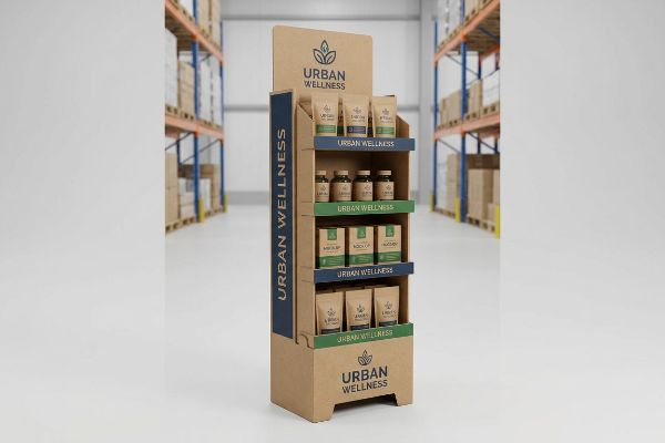 A durable corrugated retail POP display for Urban Wellness, showcasing natural product pouches, bottles, and boxes in a warehouse.