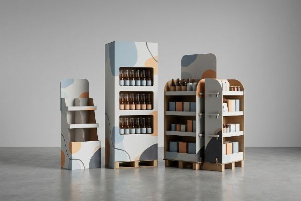 Three floor-standing corrugated cardboard POP displays with abstract blue and orange designs, showcasing products in bottles and boxes.