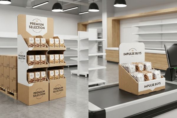A modern retail store displays corrugated Premium Selection POP and Impulse Buys POS units at checkout.
