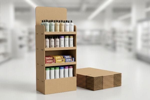 A retail store setting featuring a brown corrugated cardboard POS display filled with various products and a stack of flat-packed displays.