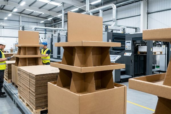 Workers assemble corrugated paperboard point-of-sale displays in a manufacturing facility with stacks of flat sheets.