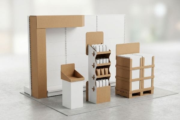 A retail setting features various cardboard point-of-purchase displays, including a corrugated floor unit, countertop display, and pallet merchandiser.