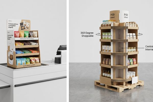 Brown corrugated displays: POS counter unit, 'POD Island' 360-degree shoppable floor display.
