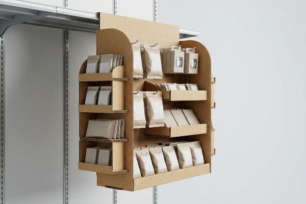 Corrugated cardboard power wing display hangs from metal gondola shelving, showcasing various packaged products.