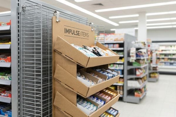 Corrugated cardboard power wing display, labeled 