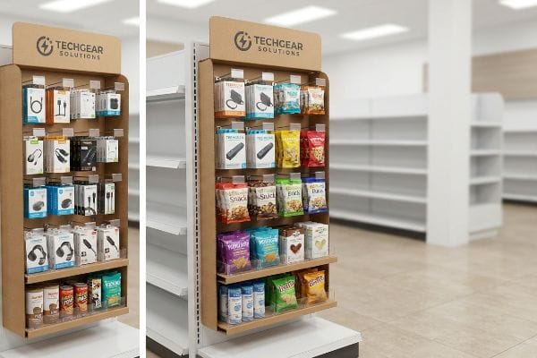 Two durable corrugated Techgear Solutions power wing displays in a retail store, showcasing electronics and snack items.
