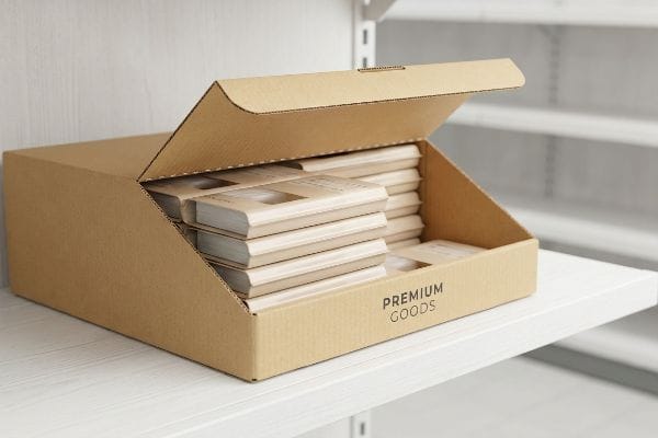 A corrugated cardboard display box, labeled "Premium Goods", holds stacks of small books on a white retail shelf.
