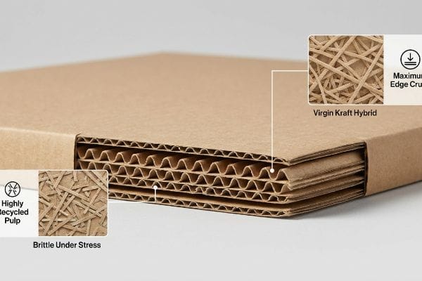 Corrugated board cross-section contrasting Highly Recycled Pulp (Brittle Under Stress) with Virgin Kraft Hybrid (Maximum Edge Crush).