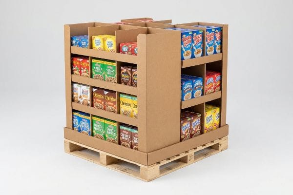 Brown corrugated quarter pallet display, filled with assorted cereal boxes including Trix and Cheerios, sits on a light wooden pallet.