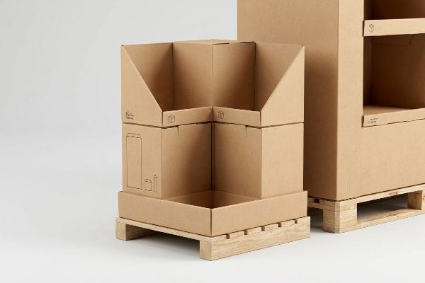 Natural brown corrugated cardboard quarter pallet display on a wooden pallet, featuring a bin-style top and line art illustrations for retail merchandising.