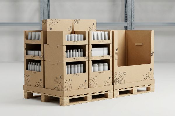 Corrugated cardboard pallet display features modular quarter units with white product bottles for Brands A, B, C, and D.