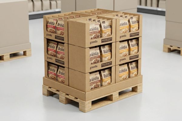 Corrugated cardboard display on a wooden pallet, showcasing Brandia Hazelnut Cookies and Rünta French Vanilla products in brown bags.
