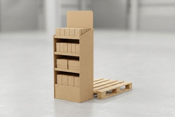 Natural kraft corrugated quarter-pallet floor merchandiser filled with small boxes, beside a wooden logistics pallet on a concrete floor.