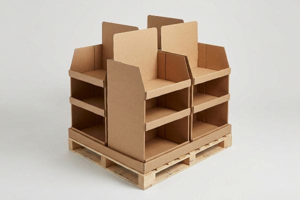 Brown corrugated cardboard quarter-pallet display unit with modular shelves, designed for retail merchandising on a wooden pallet base.