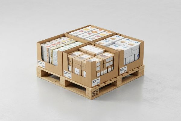 Wooden quarter pallet display featuring a corrugated cardboard unit, divided into four sections with diverse retail product boxes.