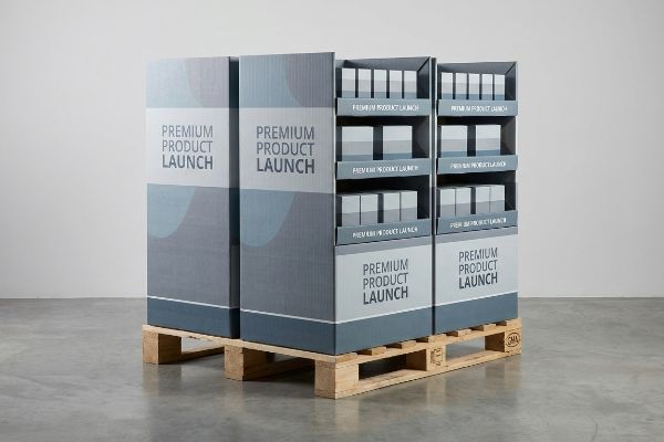 Four corrugated quarter pallet displays on a GMA pallet, featuring