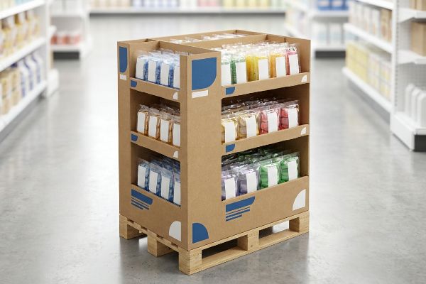 Brown corrugated quarter-pallet display on a wooden pallet in a supermarket aisle, filled with colorful bagged products.
