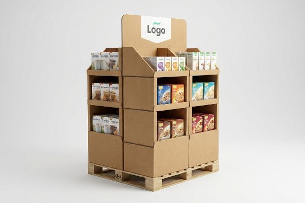 Brown corrugated cardboard quarter pallet display on a wooden pallet, showcasing various packaged coffee and cereal products.
