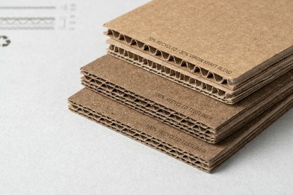 Stapel Wellpappe mit sichtbaren Wellen, beschriftet mit „70 % Recycling / 30 % Virgin Kraft Blend“ und „100 % Recycling-Testliner“.