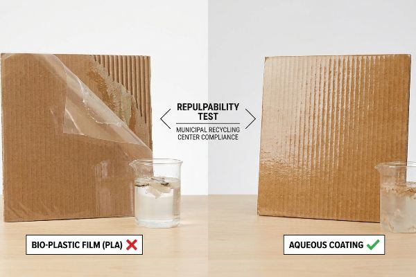 Corrugated cardboard repulpability test showing bio-plastic film (PLA) failing to dissolve and an aqueous coating successfully meeting municipal recycling compliance.