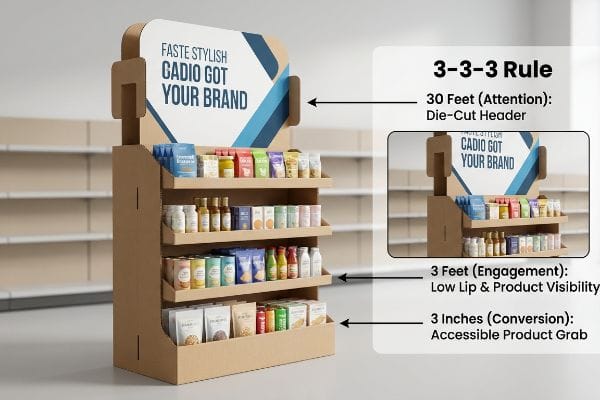 Corrugated cardboard retail display showcasing the 3-3-3 Rule: Faste Stylish Cadio die-cut header, low lip product visibility, and accessible grab shelves.